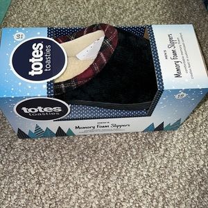 NIB Totes Toasties Memory Foam Black Cord Plaid Slippers LARGE (9-10)